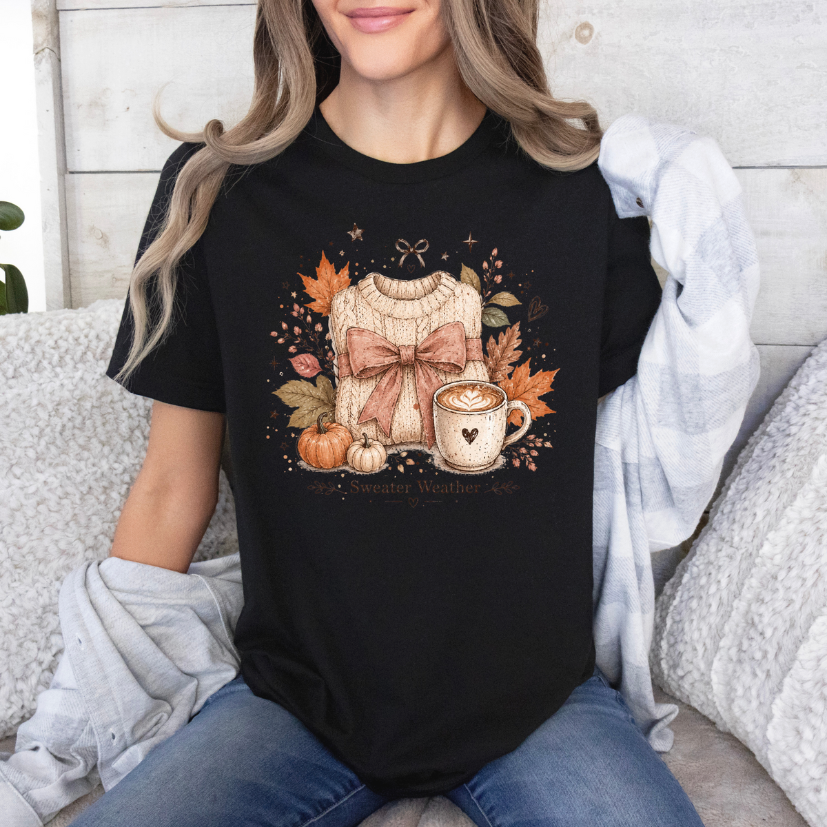 🍂🎀 Sweater Weather Bow Cotton T-Shirt 🧶✨