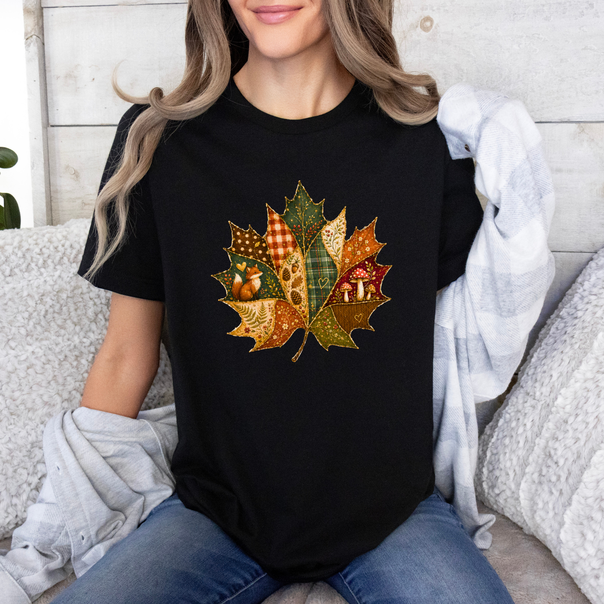 🍂🧵 Patchwork Autumn Leaf Cotton T-Shirt 🍁✨