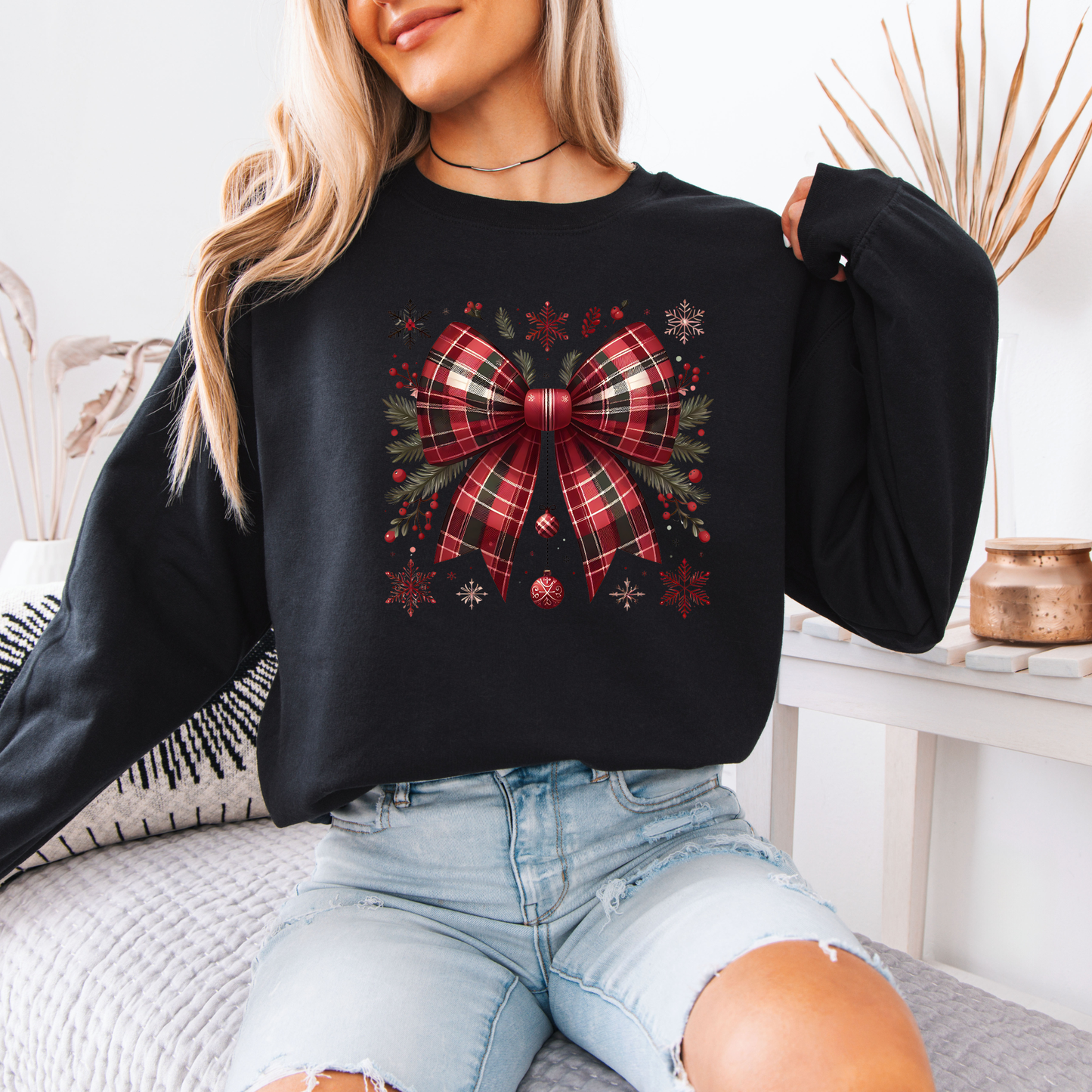 🎀 Cozy Tartan Christmas Bow 🎄🧣  Organic Cotton Sweatshirt