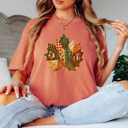 🍂🧵 Patchwork Autumn Leaf Cotton T-Shirt 🍁✨