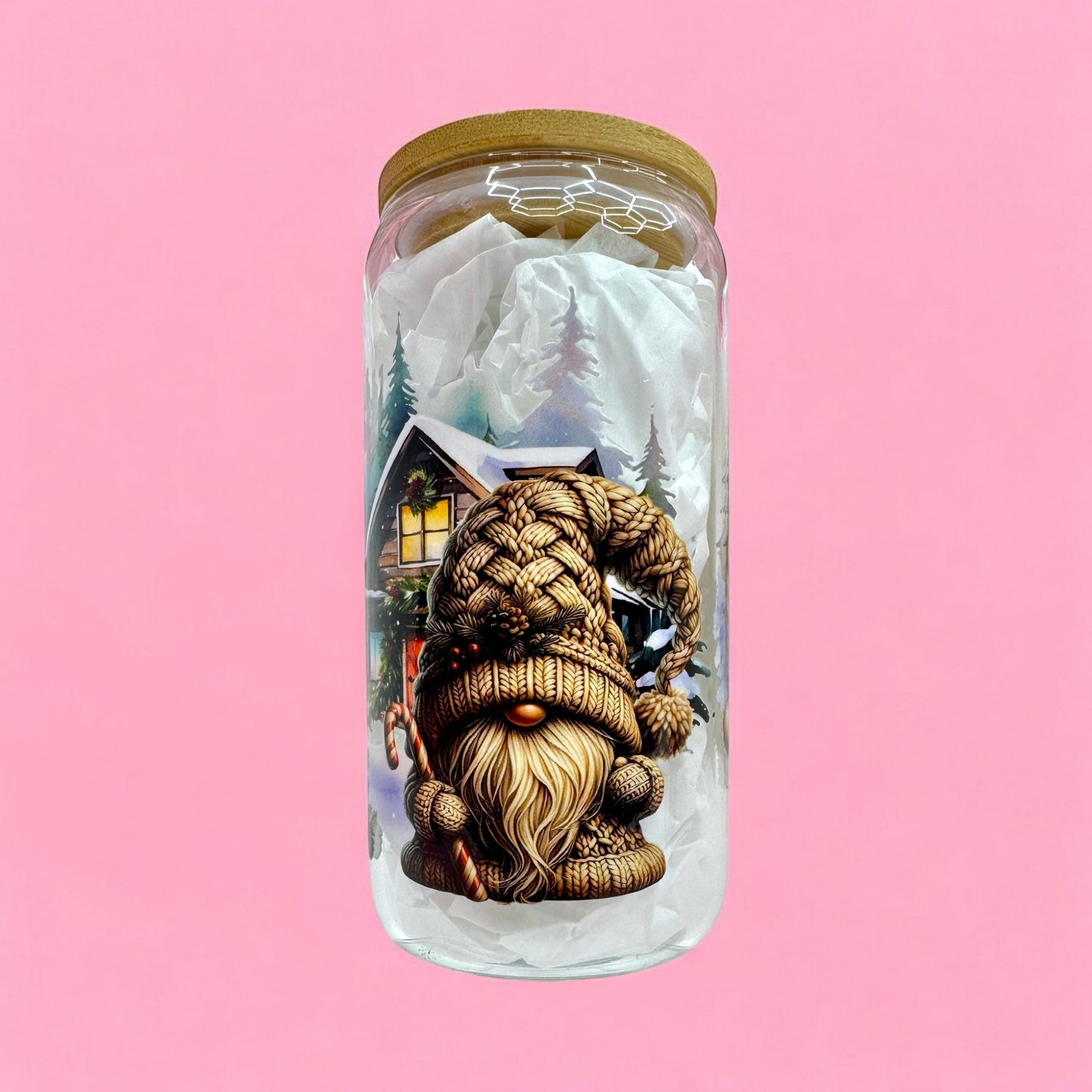 🎅 Cozy Christmas Gnome 16oz Glass Cup with Bamboo Lid ❄️