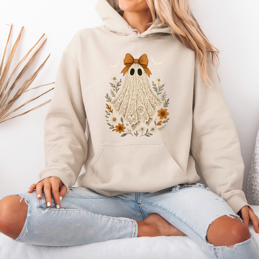 👻🎀 Vintage Lace Ghost Floral Hoodie 🌼🍂🤎