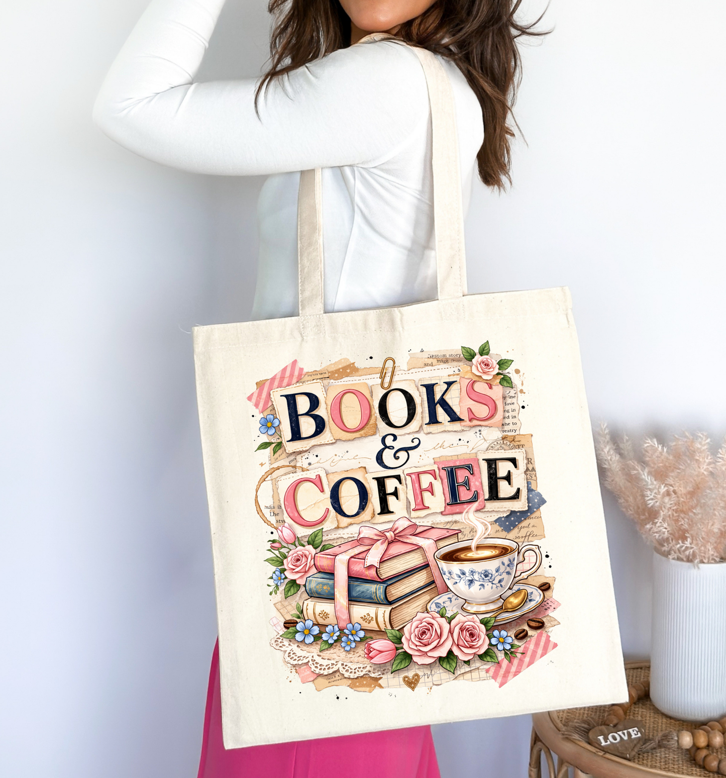 Books & Coffee Book Lover Tote Bag 📚☕🌸