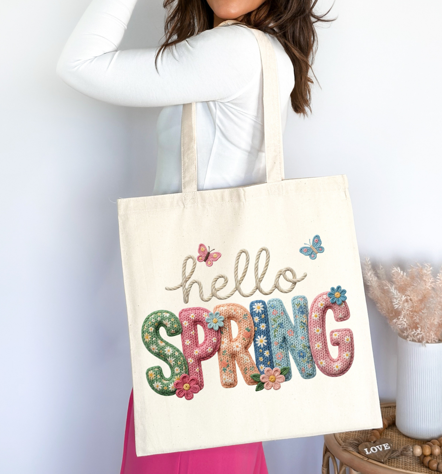 Hello Spring Floral Canvas Tote Bag 🌸🦋