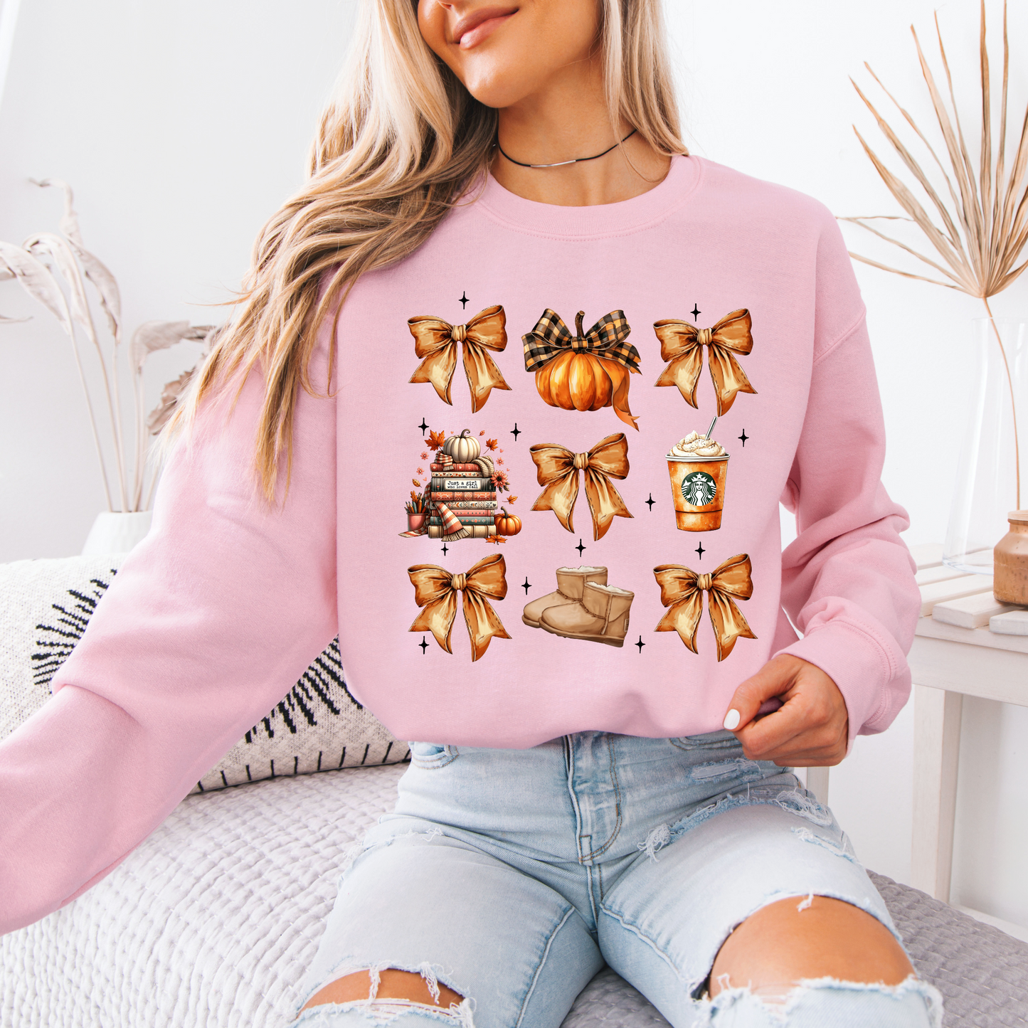 🎀🍂 Cozy Fall Bows Sweatshirt 🎃☕ Cotton Sweatshirt