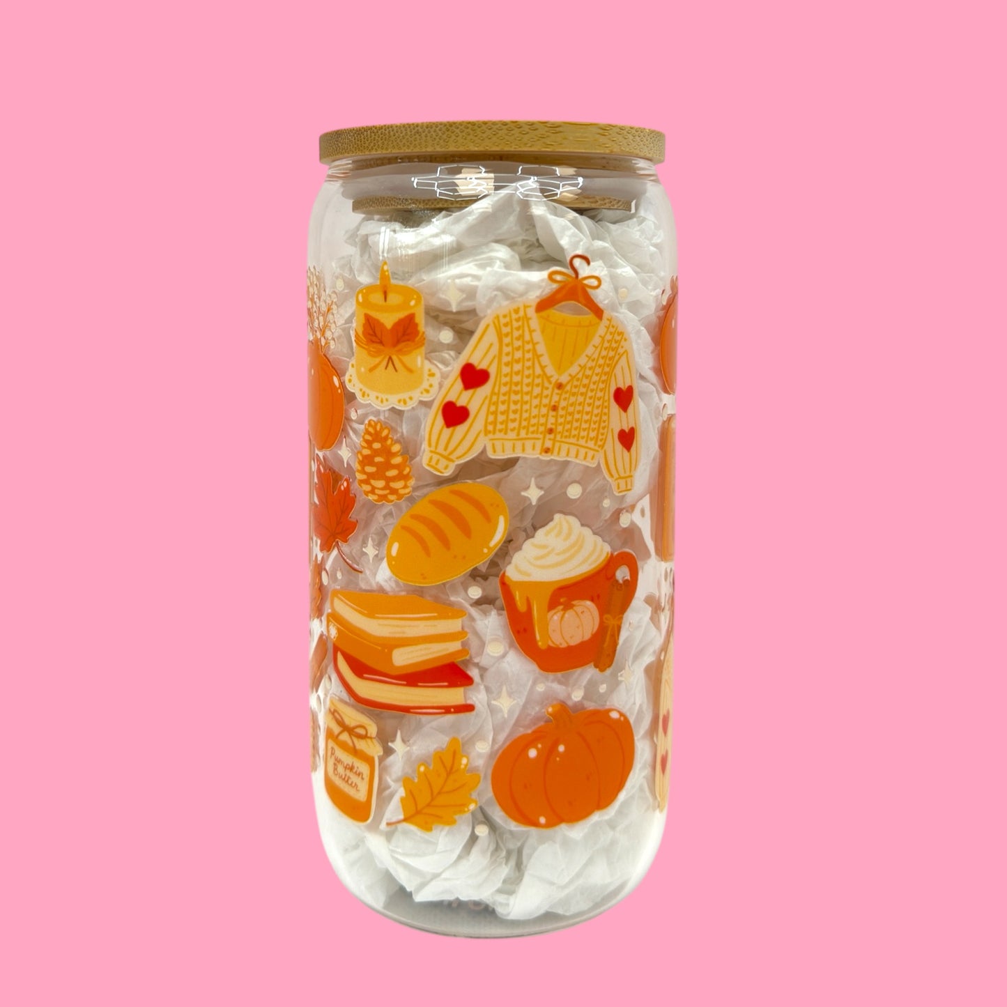 🍂 Cozy Fall Vibes – 16oz Glass Cup with Bamboo Lid 🍁