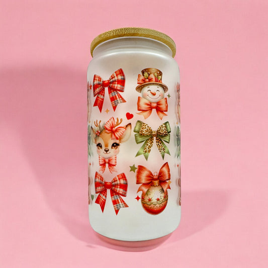 🎀 Retro Santa & Reindeer 16oz Frosted Glass Cup❣️