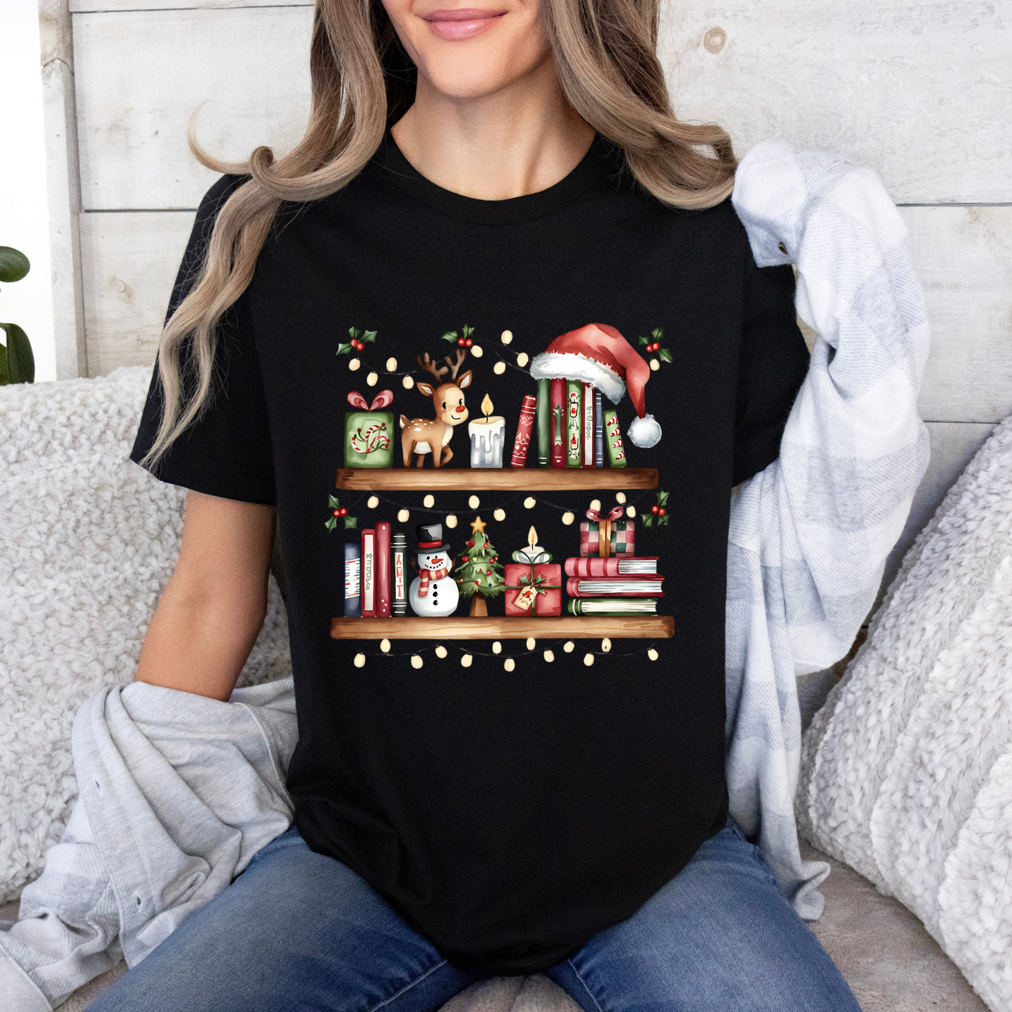 🎄 Cozy Christmas Bookshelf 100% Organic Cotton T-Shirt 📚✨