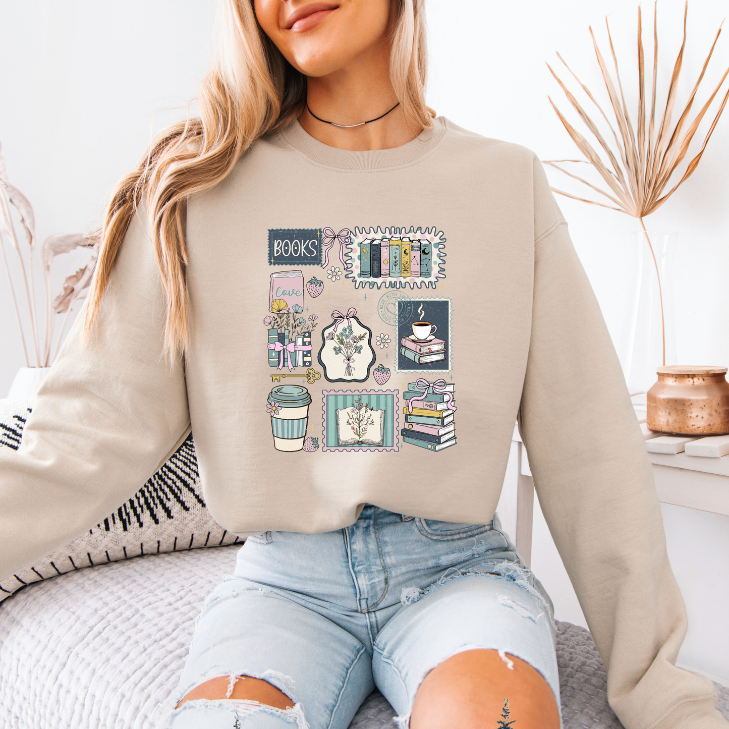 Cozy Book Lover Aesthetic Sweatshirt 📚☕🌿✨
