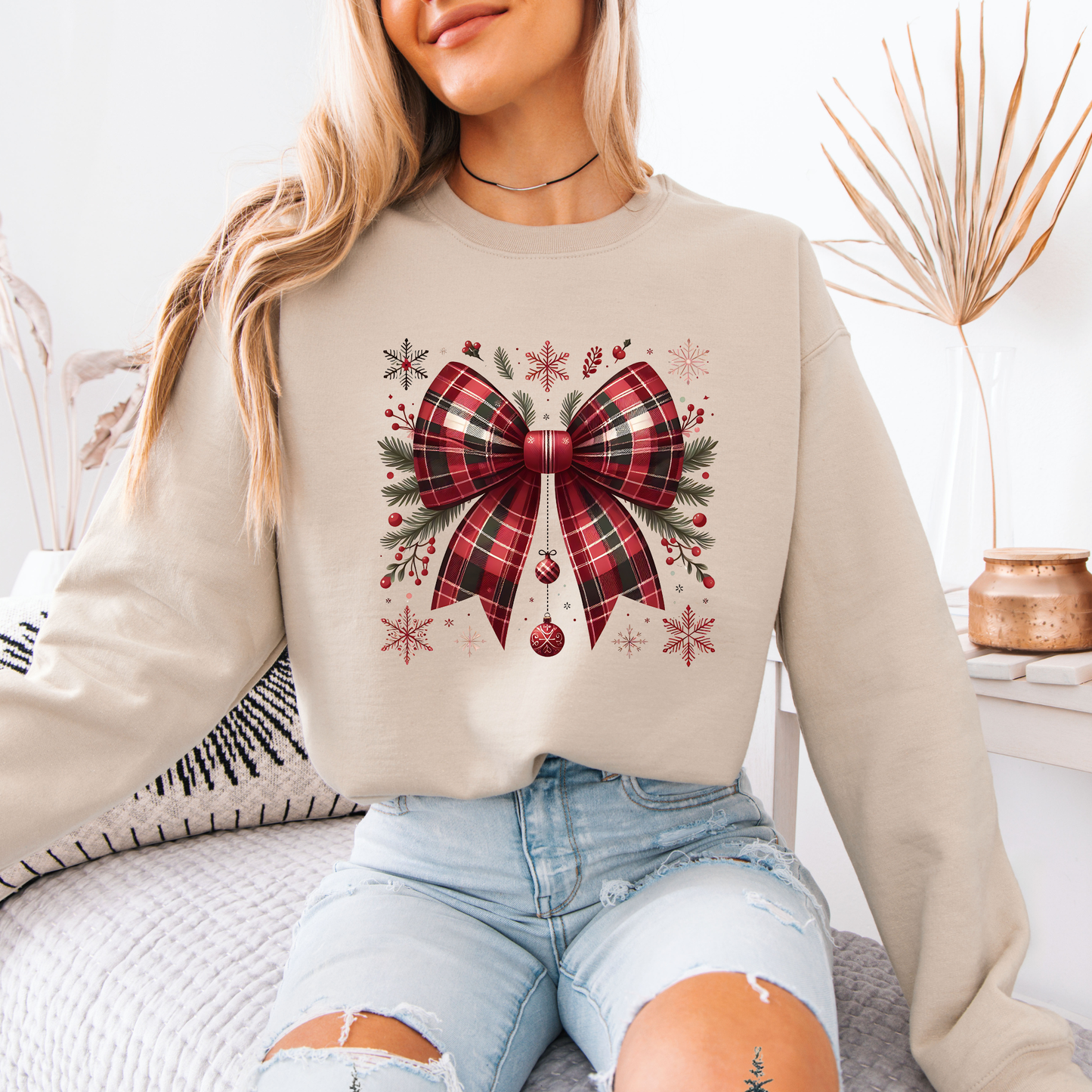 🎀 Cozy Tartan Christmas Bow 🎄🧣  Organic Cotton Sweatshirt