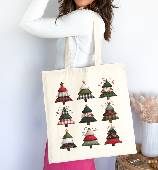 🧵 Stitched Christmas Trees 🎄 Tote Bag 100% Organic Cotton