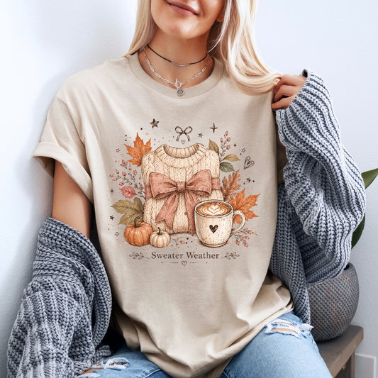 🍂🎀 Sweater Weather Bow Cotton T-Shirt 🧶✨