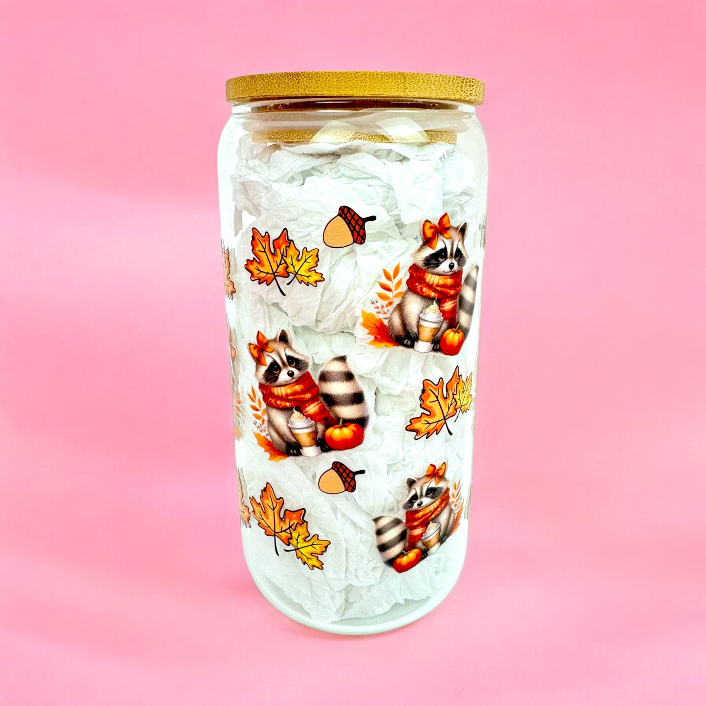 🦝 Feral Girl Autumn 16oz Glass Can with Bamboo Lid & Straw 🍂☕