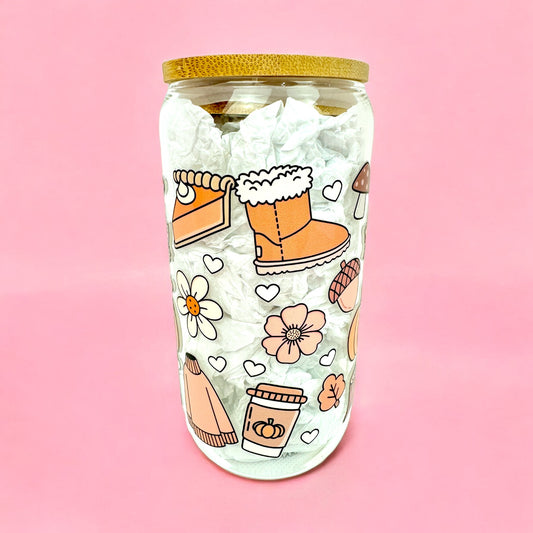 🍂 Cozy Fall Doodles – 16oz Glass Cup 🎃☕