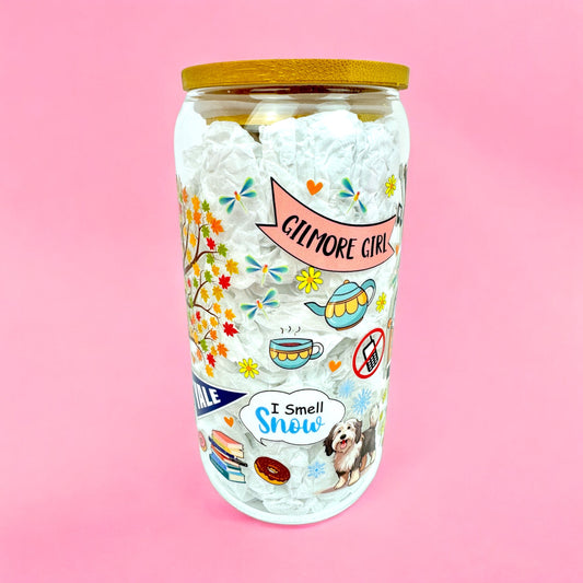 ☕ Gilmore Girl 16oz Glass Can with Bamboo Lid & Straw 🍁✨