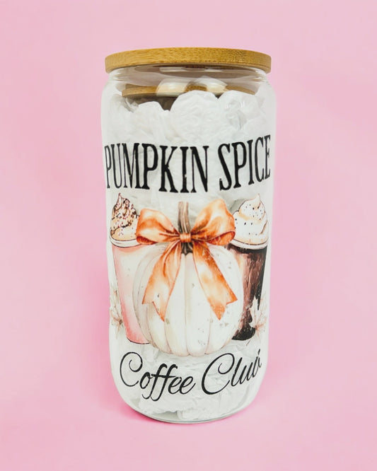 🍁 Cozy Pumpkin Spice Coffee Club – 16oz Glass Cup 🎃