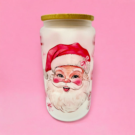 🎅 Vintage Pink Santa 16oz Frosted Glass Cup