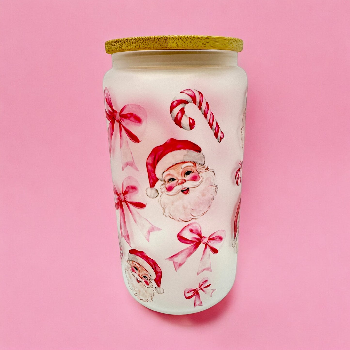 🎅 Vintage Pink Santa 16oz Frosted Glass Cup