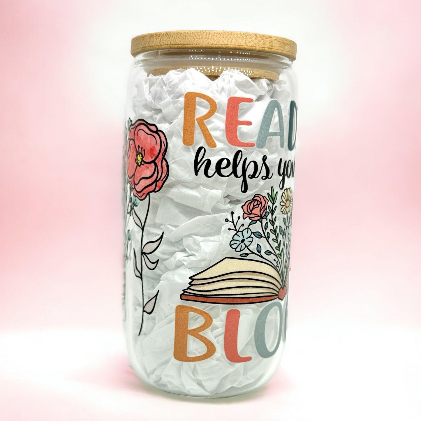 ‘Reading Helps Your Mind Bloom’16oz (455ml) Iced Coffee Glass Cup