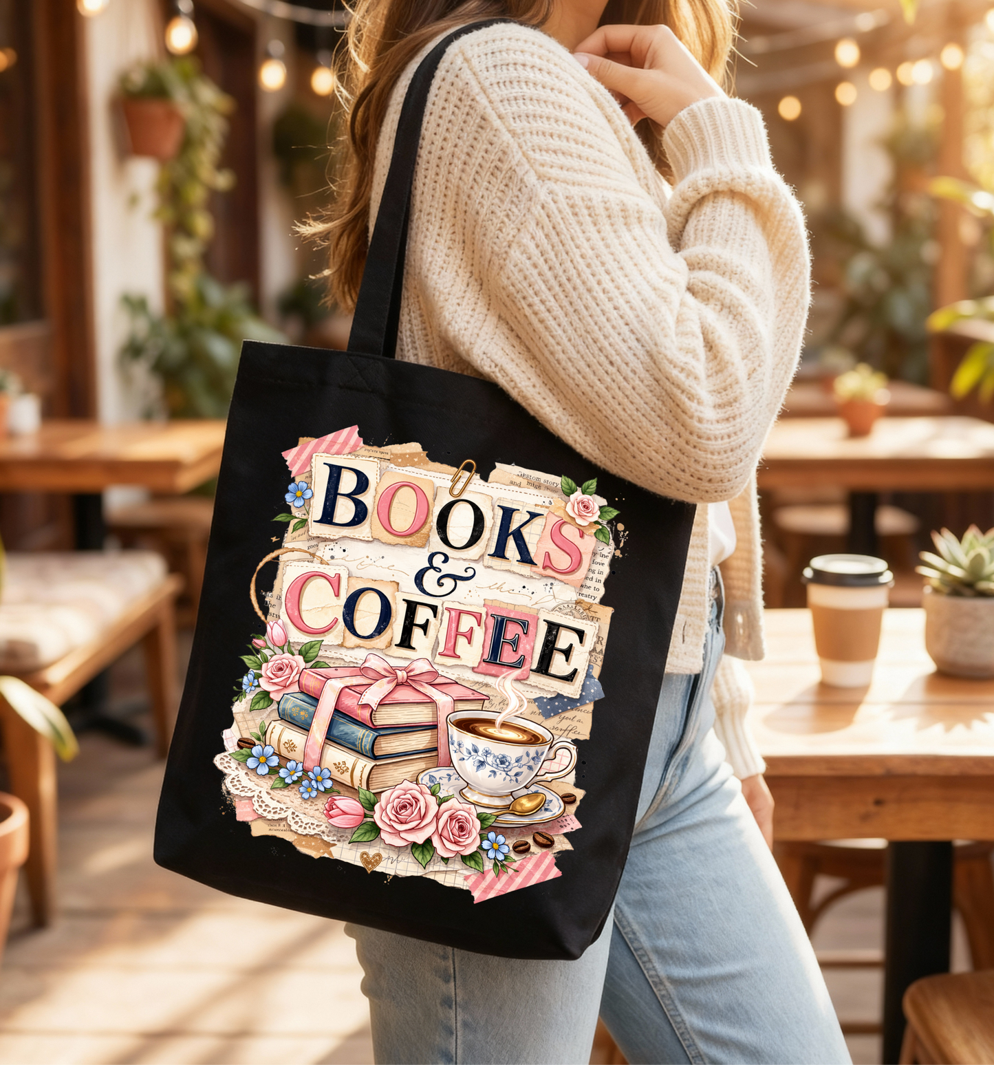 Books & Coffee Black Canvas Tote Bag — Book Lover Gift 📚☕🖤