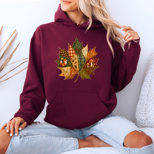 🍂🧵 Patchwork Autumn Leaf Premium Hoodie 🍁✨