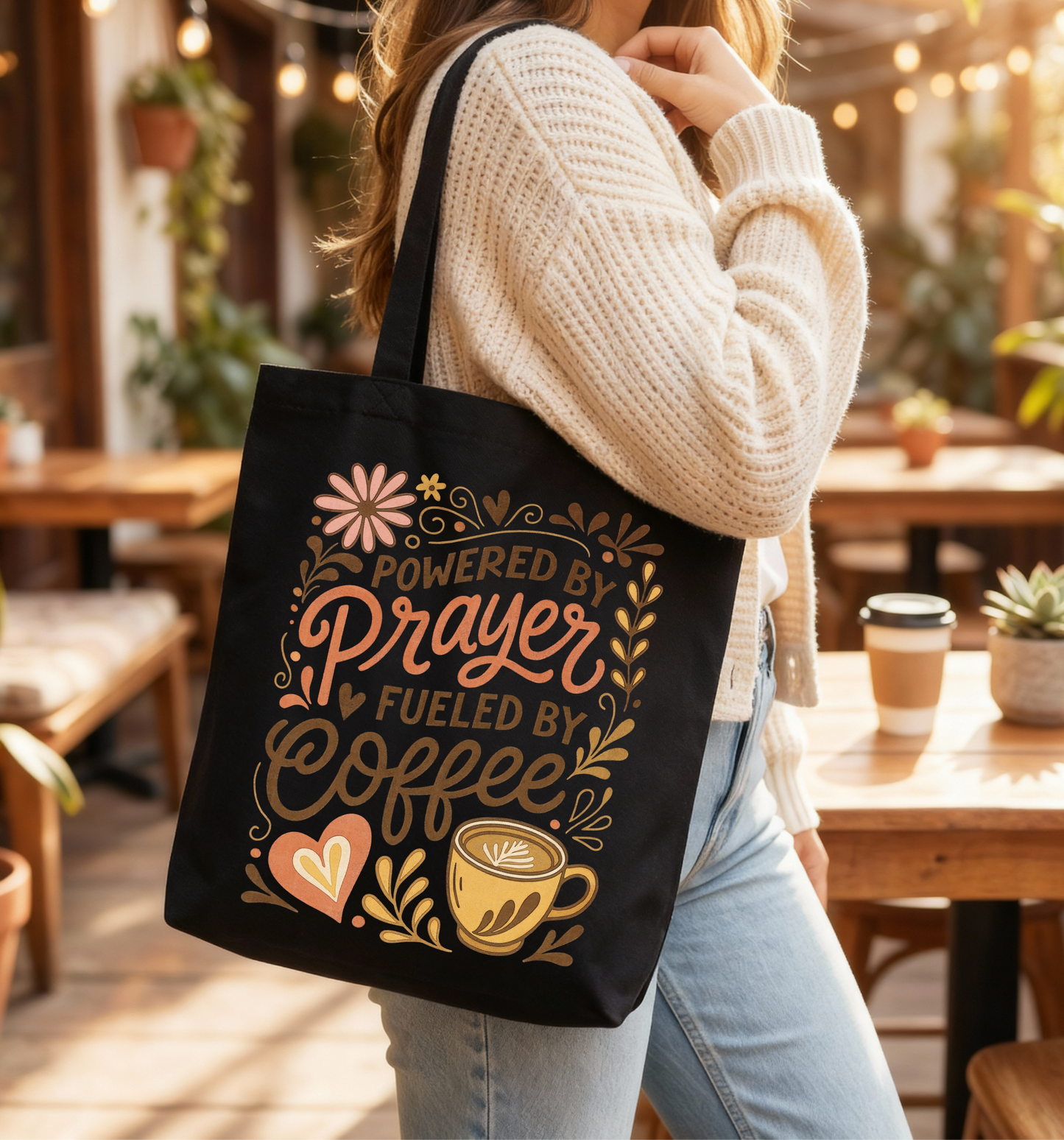 Powered by Prayer & Fueled by Coffee Black Tote Bag ☕🙏✨