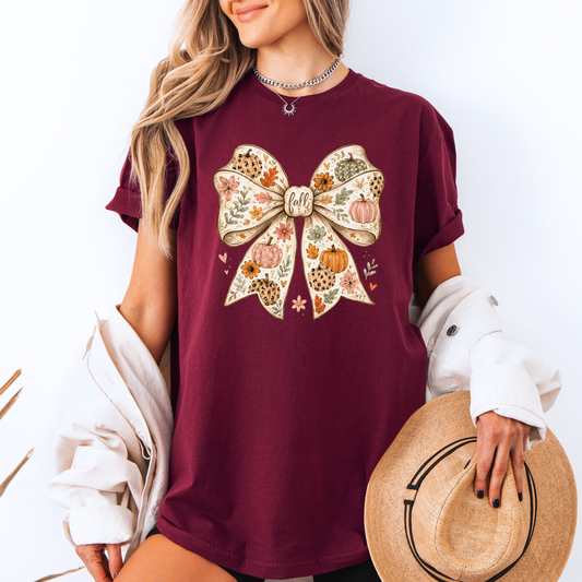 🎃🎀 Pumpkin Bow Fall Cotton T-Shirt 🍂✨