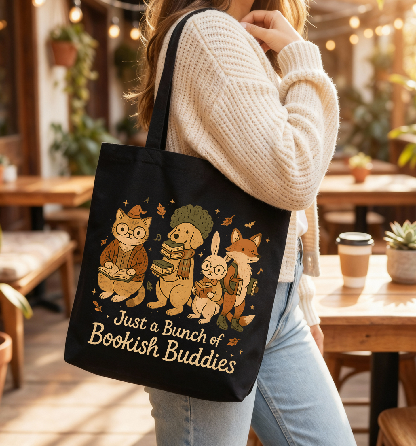 🦊📚 Just a Bunch of Bookish Buddies Black Tote Bag
