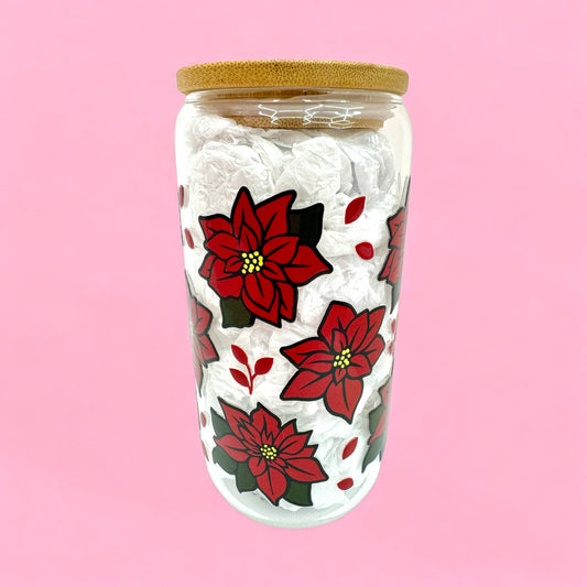 🎄 Christmas Poinsettia 16oz Glass Cup with Bamboo Lid 🌺