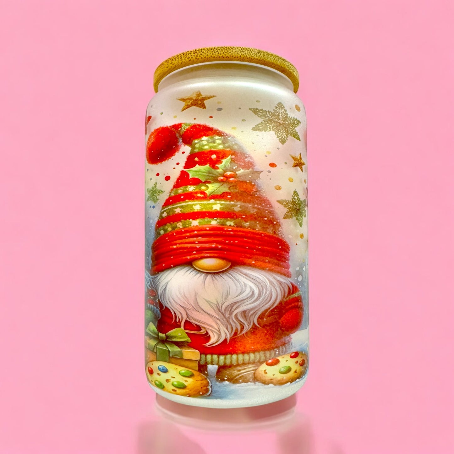 🎁 Christmas Gnome Duo 16oz Frosted Glass Cup with Bamboo Lid 🎅✨