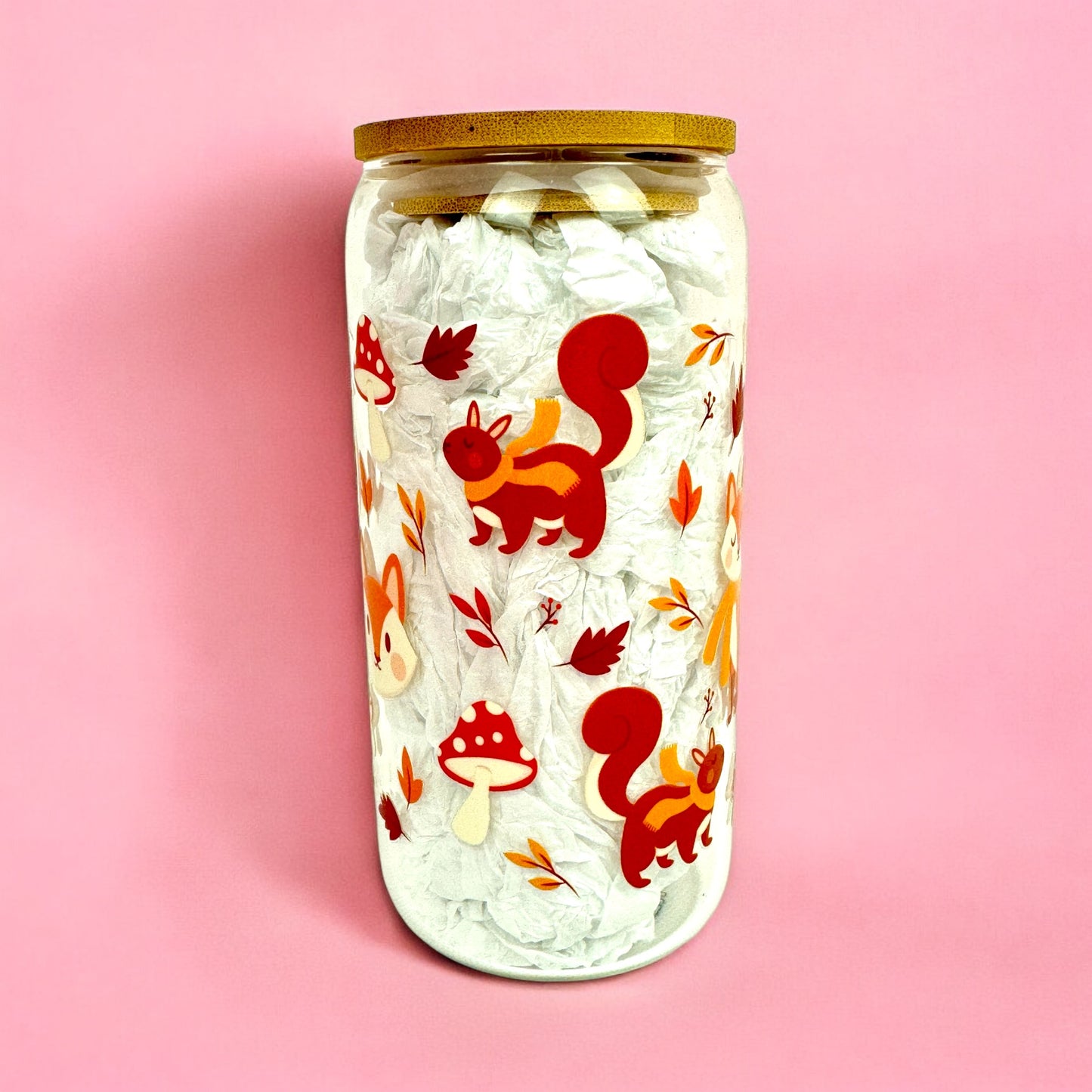 🦊 Cozy Fox Autumn 16oz Clear Glass Can with Bamboo Lid & Straw 🍂✨