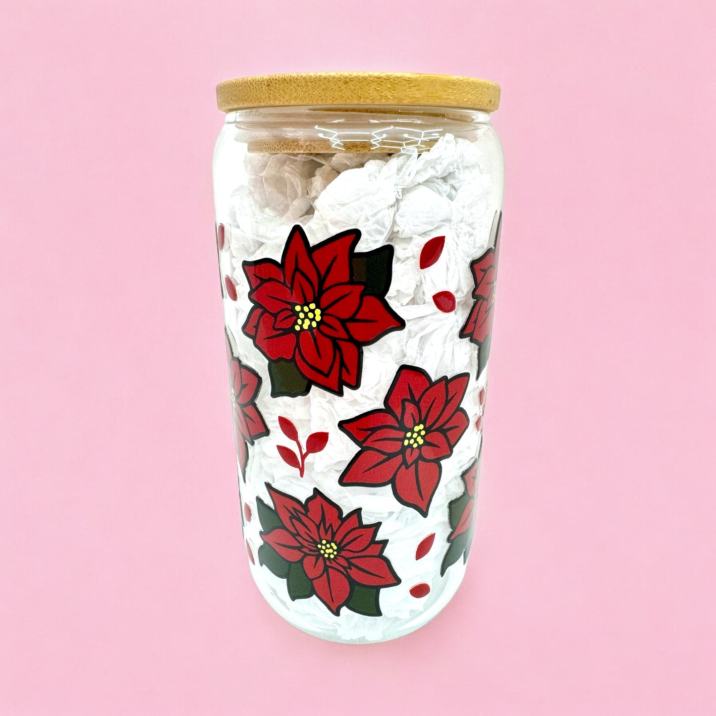 🎄 Christmas Poinsettia 16oz Glass Cup with Bamboo Lid 🌺