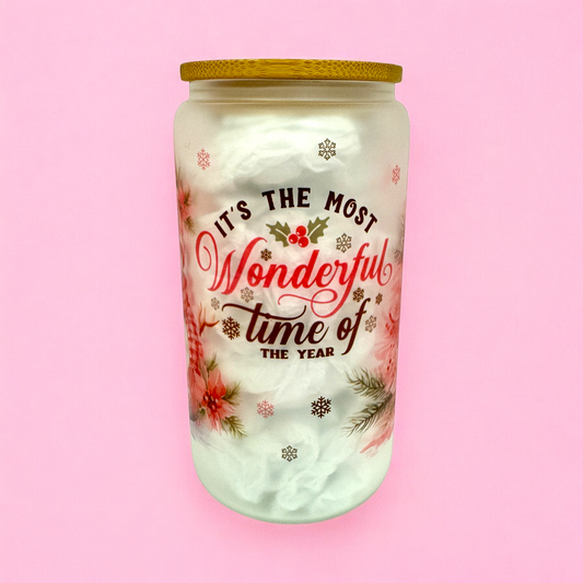 ❄️ It’s the Most Wonderful Time of the Year – 16oz Frosted Glass Cup✨