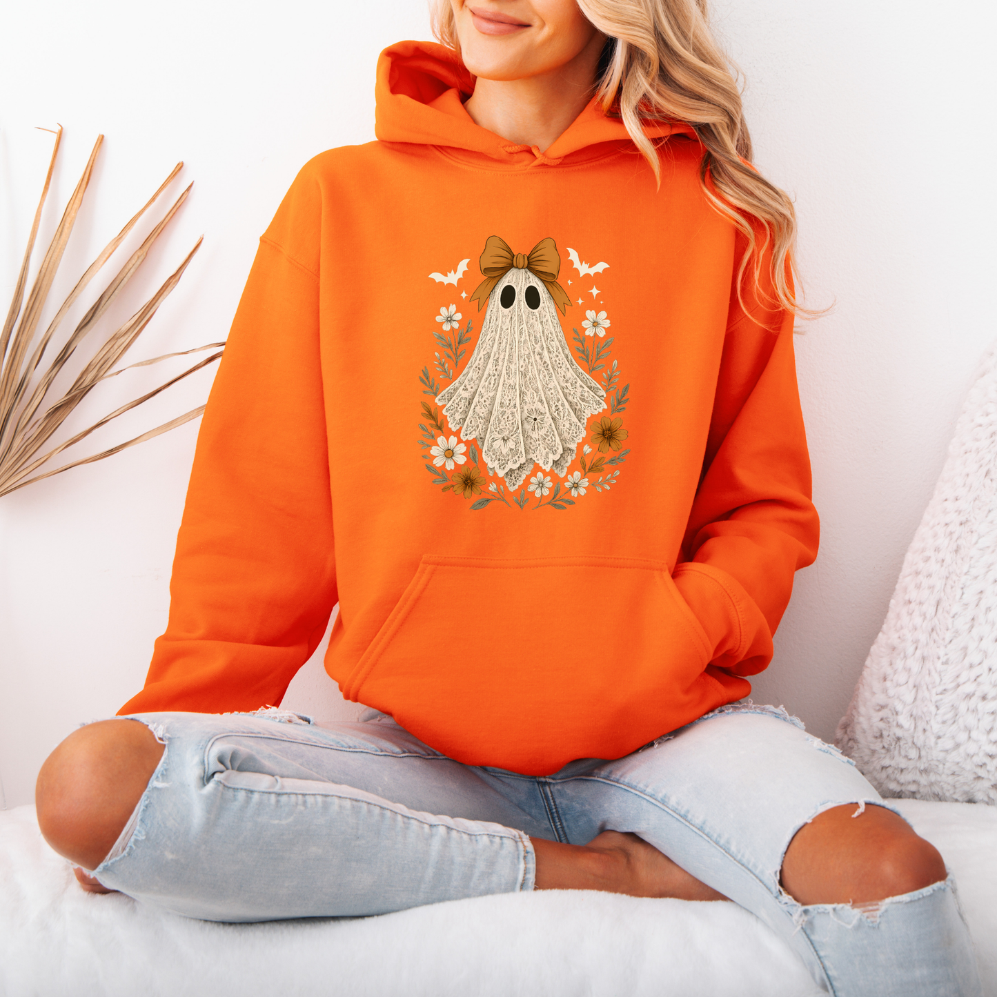 👻🎀 Vintage Lace Ghost Floral Hoodie 🌼🍂🤎