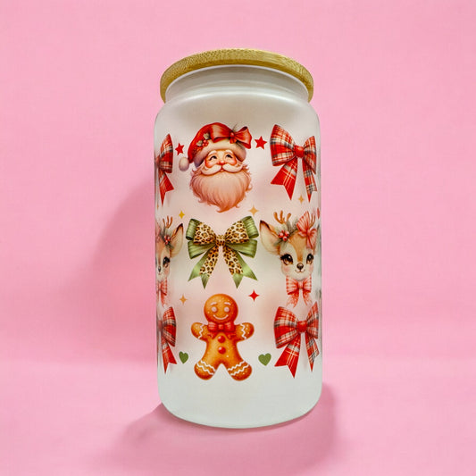 🎀 Retro Santa & Reindeer 16oz Frosted Glass Cup❣️