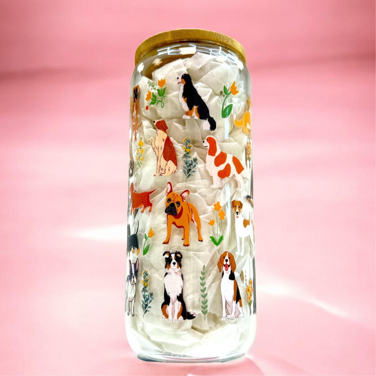 🐶 “Puppy Love” 20oz Glass Cup – Dog Lover Edition 🐾🌸