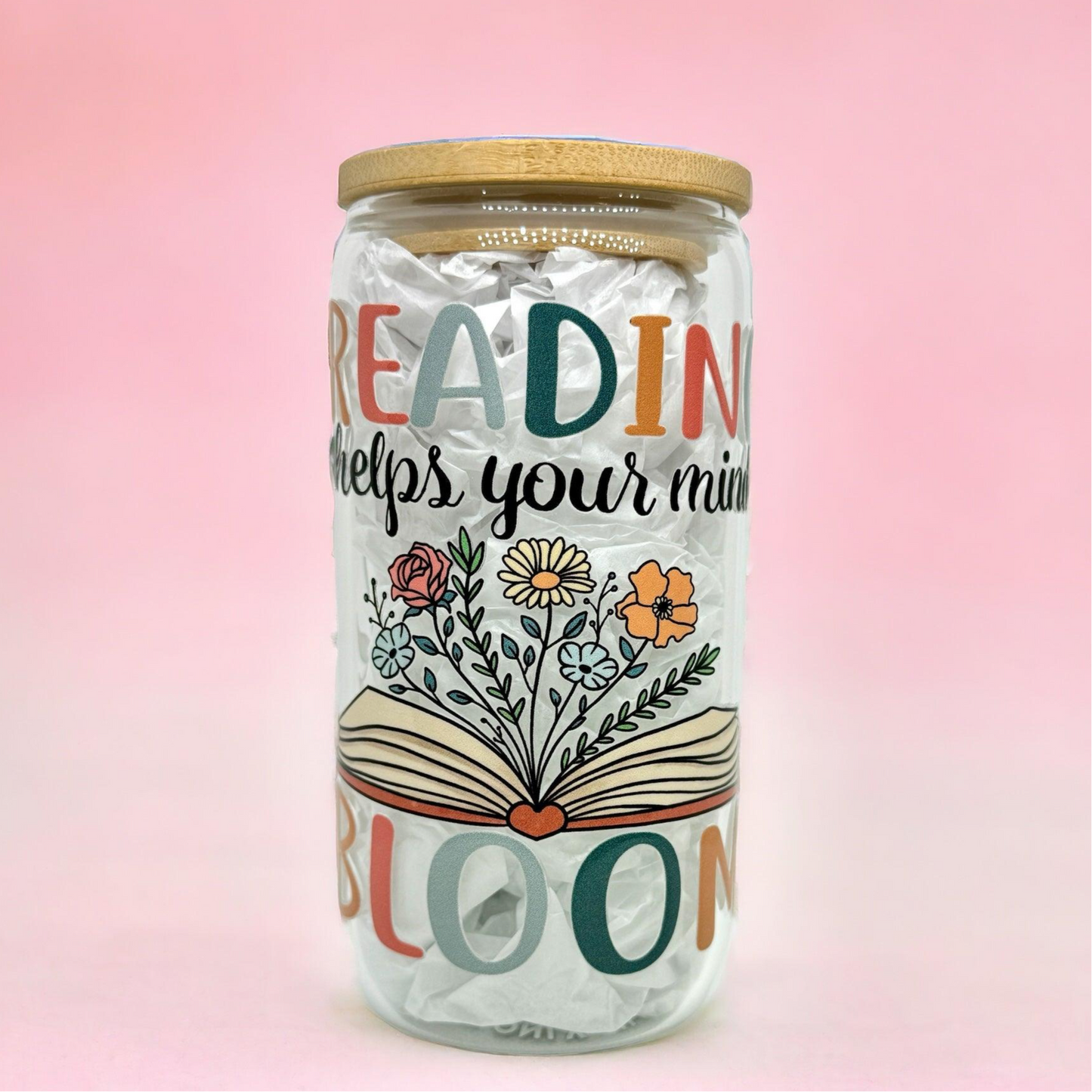 ‘Reading Helps Your Mind Bloom’16oz (455ml) Iced Coffee Glass Cup