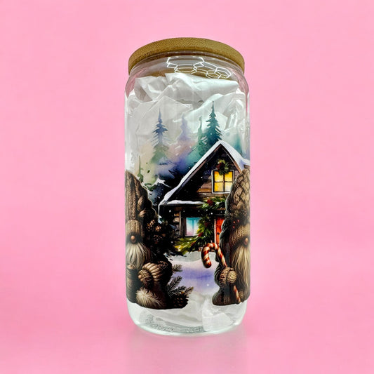 🎅 Cozy Christmas Gnome 16oz Glass Cup with Bamboo Lid ❄️
