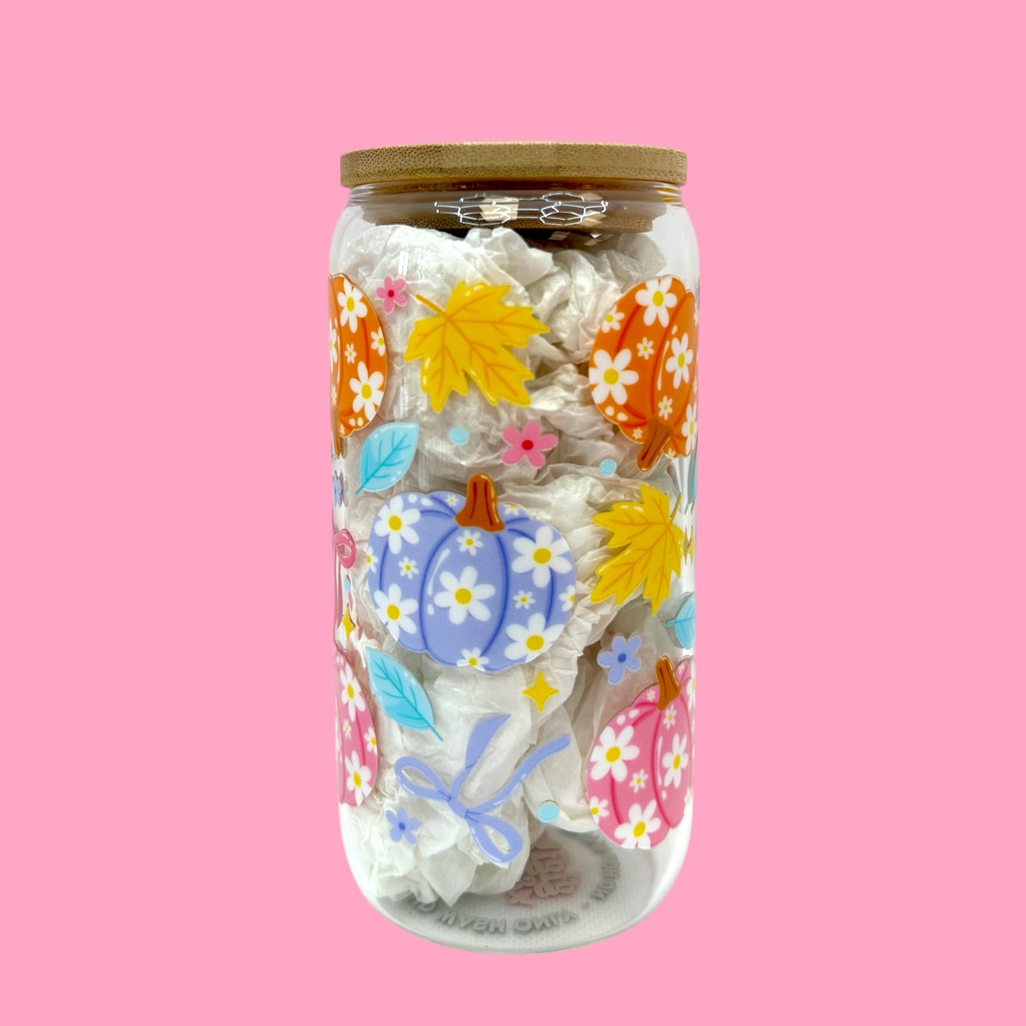 🍂 Floral Pumpkin Patch Glass Cup – 16oz 🎃🌸