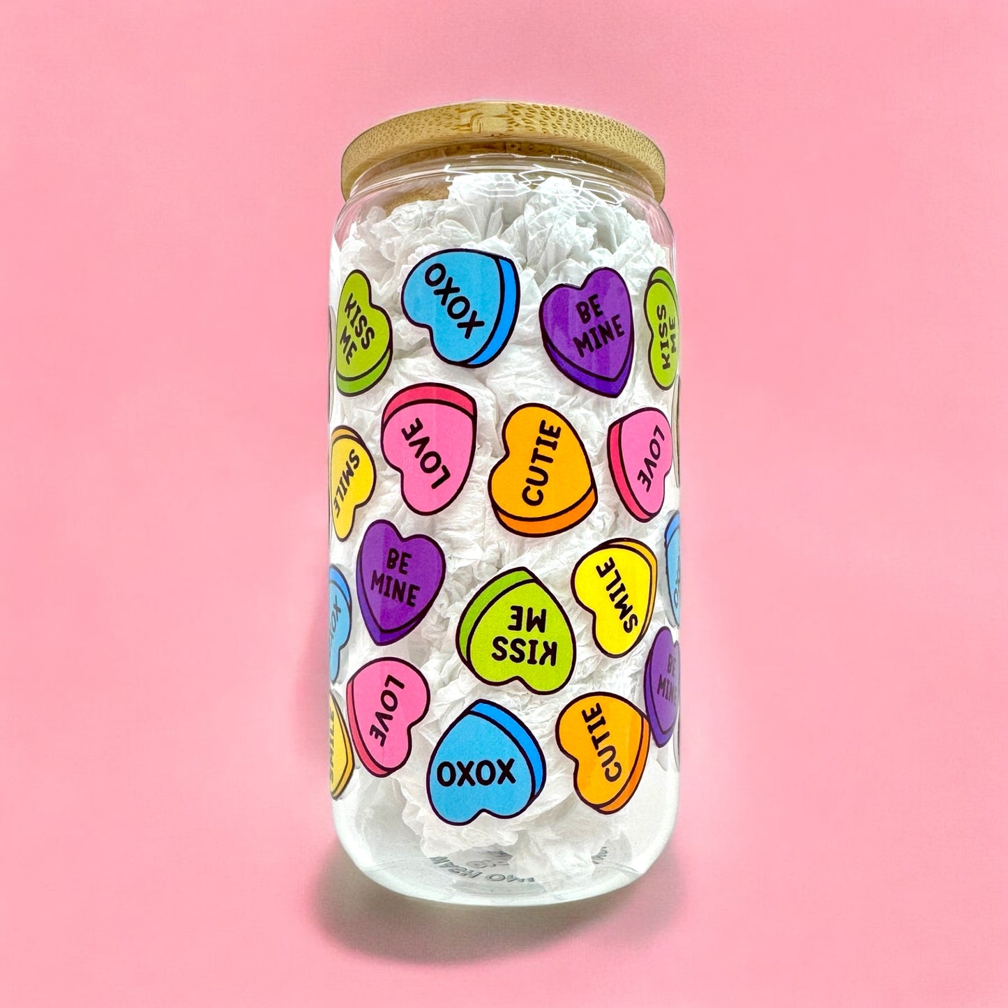 💖 Valentine’s Day Candy Heart Glass Cup – 16oz with Bamboo Lid & Straw 💘