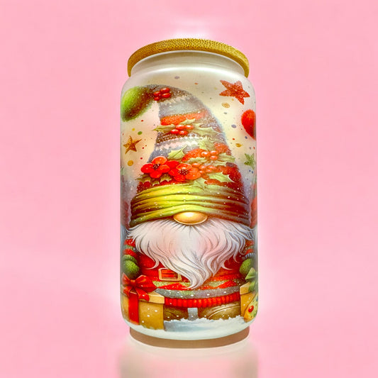 🎁 Christmas Gnome Duo 16oz Frosted Glass Cup with Bamboo Lid 🎅✨