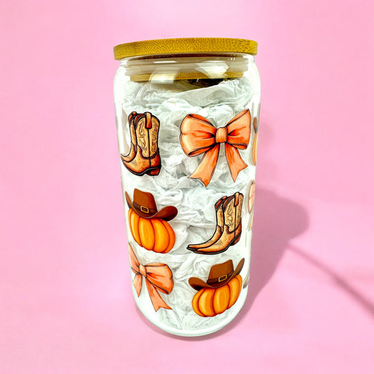 🤠🎃 Western Autumn 16oz Glass Can with Bamboo Lid & Straw 🍂✨