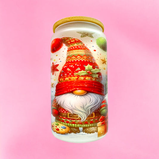 🎁 Christmas Gnome Duo 16oz Frosted Glass Cup with Bamboo Lid 🎅✨