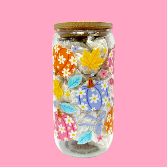 🍂 Floral Pumpkin Patch Glass Cup – 16oz 🎃🌸