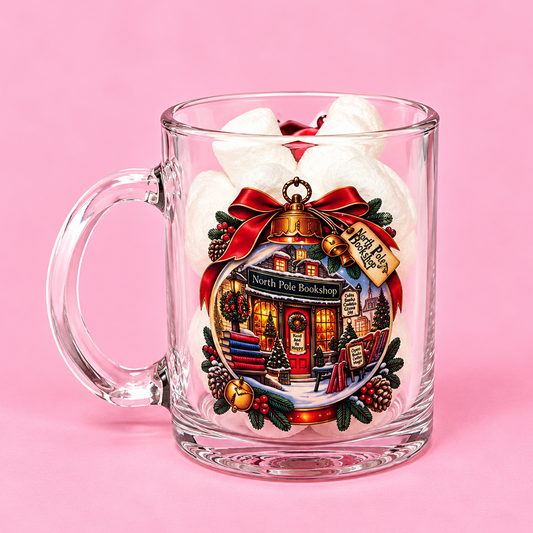 🎄📚 North Pole Bookshop Christmas Glass Mug 11oz ❄️☕
