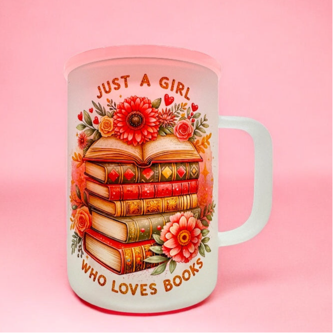 Just a Girl Who Loves Books” 16oz Frosted Glass Mug 📚✨
