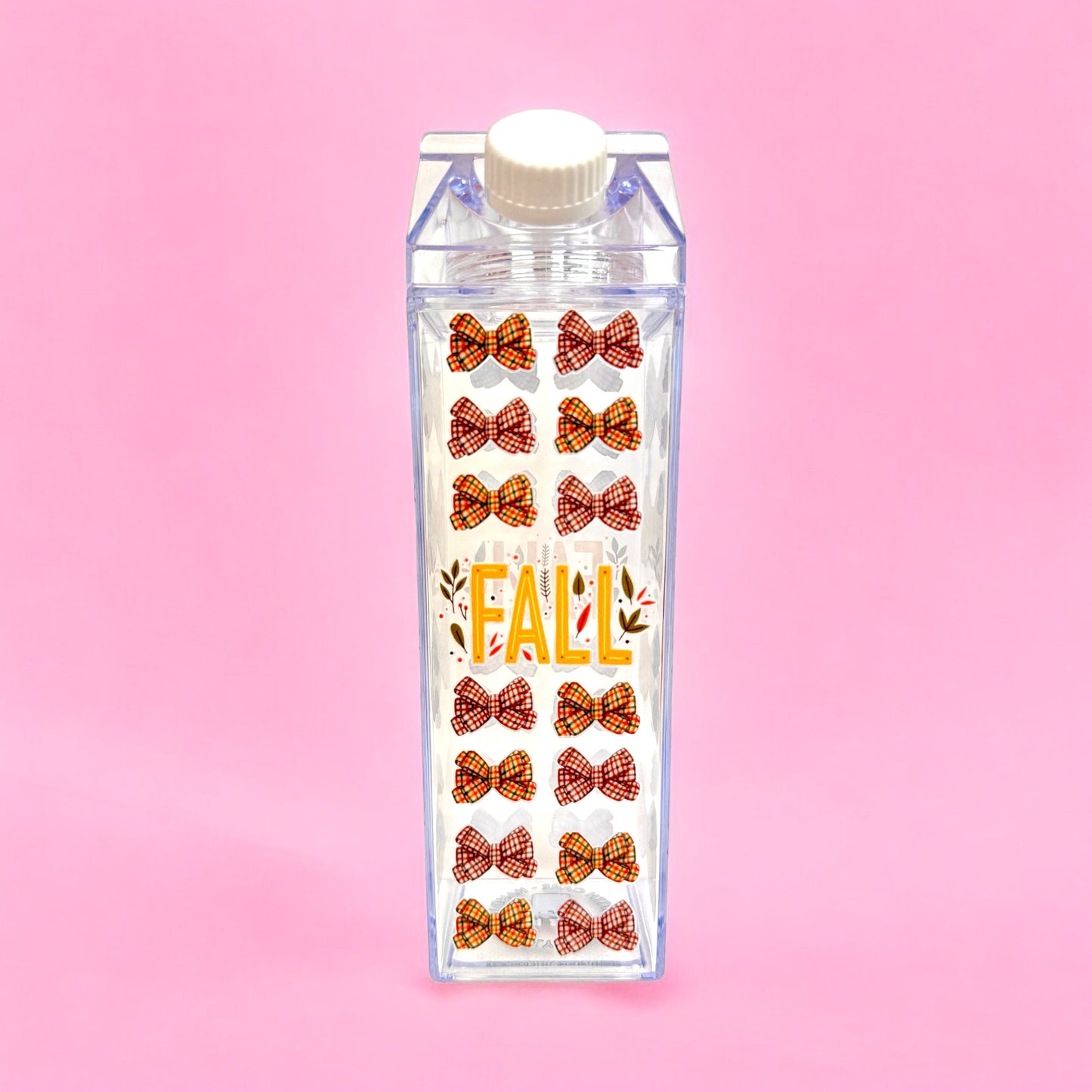 🎀 Fall Bows Milk Carton Water Bottle – 16oz Clear Cup 🍁✨