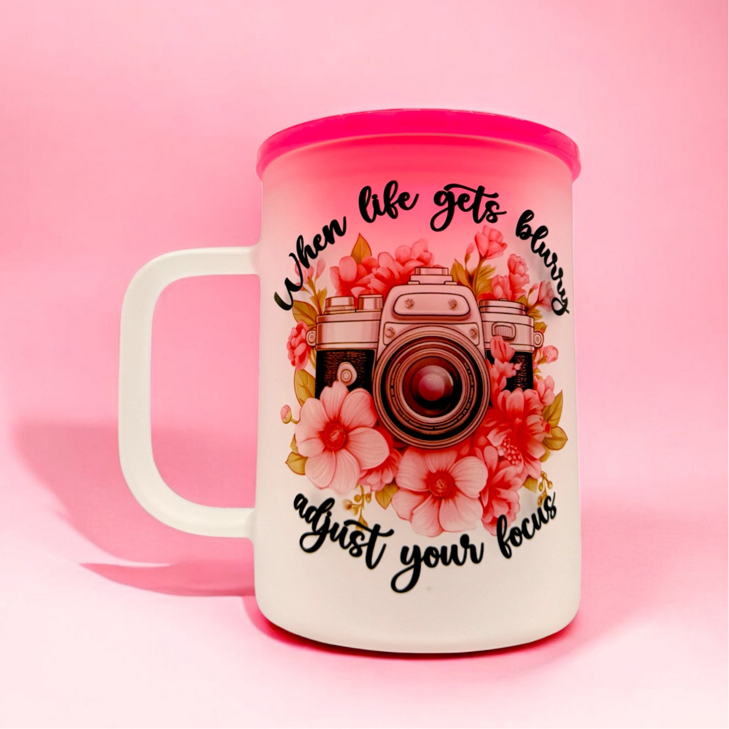 📸 16oz Frosted Mug – “Adjust Your Focus” Pink Floral Camera Design 🌸✨
