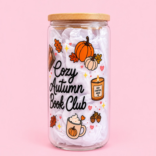 🍂 Cozy Autumn Book Club 16oz Glass Cup 📚☕️