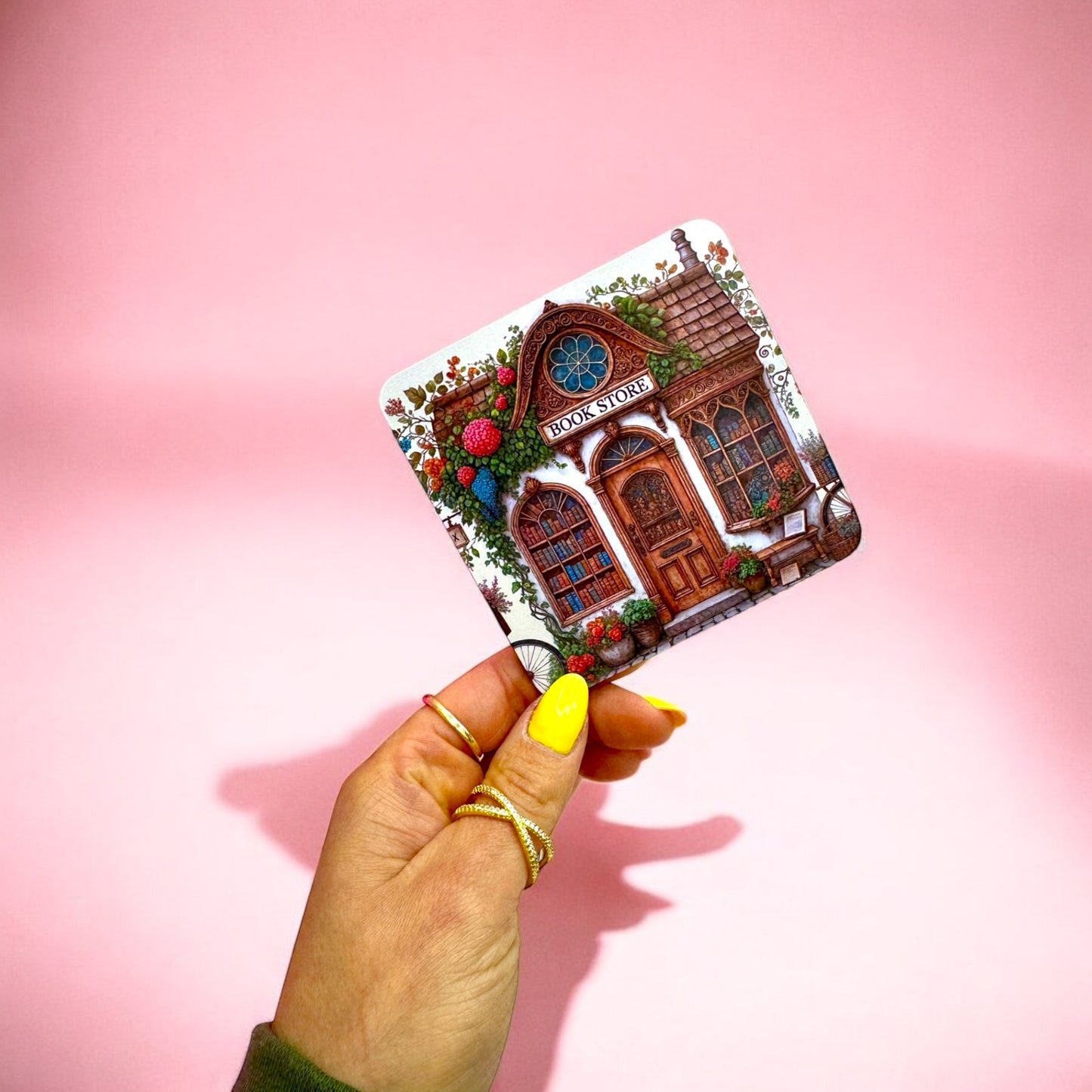 Whimsical Bookstore Escape Coaster” 📚🏡🌿